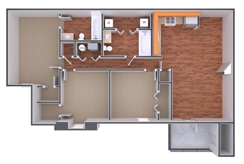 A floor plan of a room with a kitchen area, a living room, and a bathroom.